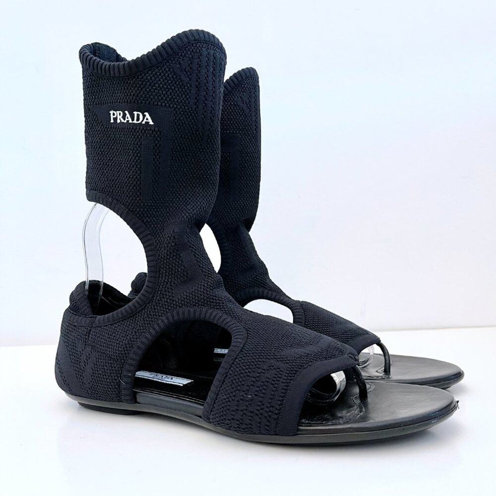 Prada Knitted Black Stretch Sock Flat Sandals Cutouts - Picture 6 of 13